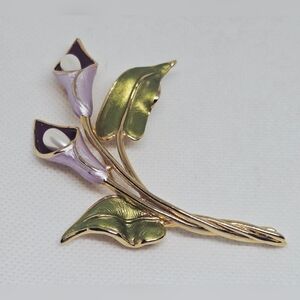 Vintage Enamel Calla Lily Floral Brooch Gold Tone Purple Green Pin